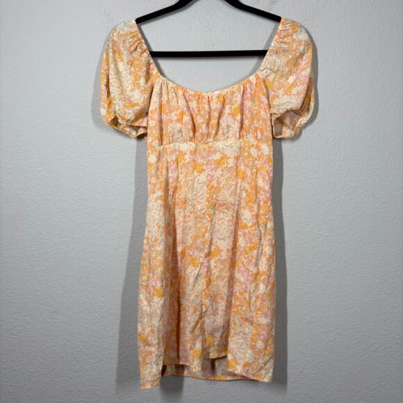 BP Small Crosshatch Yellow Orange Meadow Floral Milkmaid Short Sleeve Dress - Picture 10 of 10